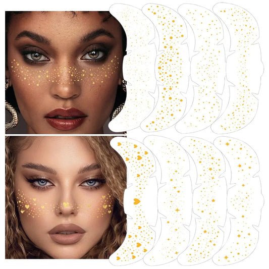XZMeiLun 8Ps Face Glitter Speckles Patches Gold 8 styles Glitter Freckles Face Tattoo Glow Up Makeup Patches  Cute Glitter Makeup Accessories for Women Cosmetic Glitter for Face Valentines Day