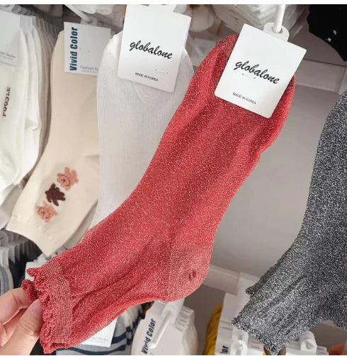 Women's Glitter Lace Candy Silver Silk Socks
