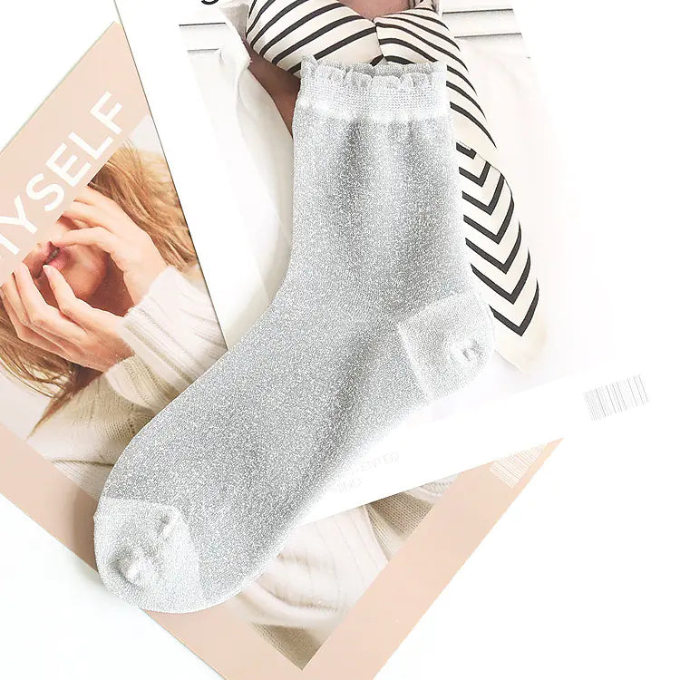 Women's Glitter Lace Candy Silver Silk Socks